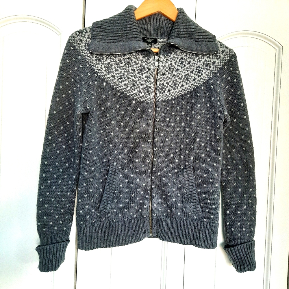 Talbots zip up sweater cotton/wool blend grey